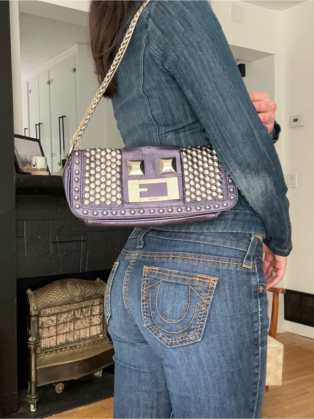 Guess Metallic Purple Studded Shoulder Bag with Chain Strap